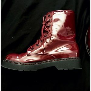 Burgundy patent leather combat boots
